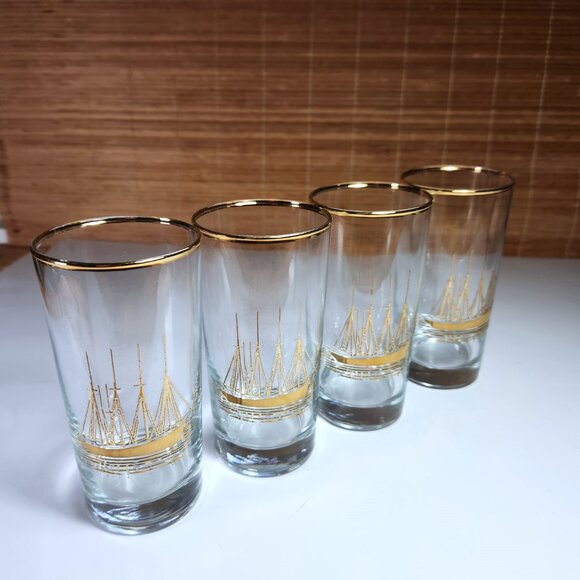 Vintage Schooner Ship Highball Glasses Gold Embossed Mid Century Barware - Picture 7 of 11